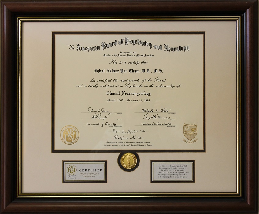 Dr Khan has multiple board certifications in neurology This include